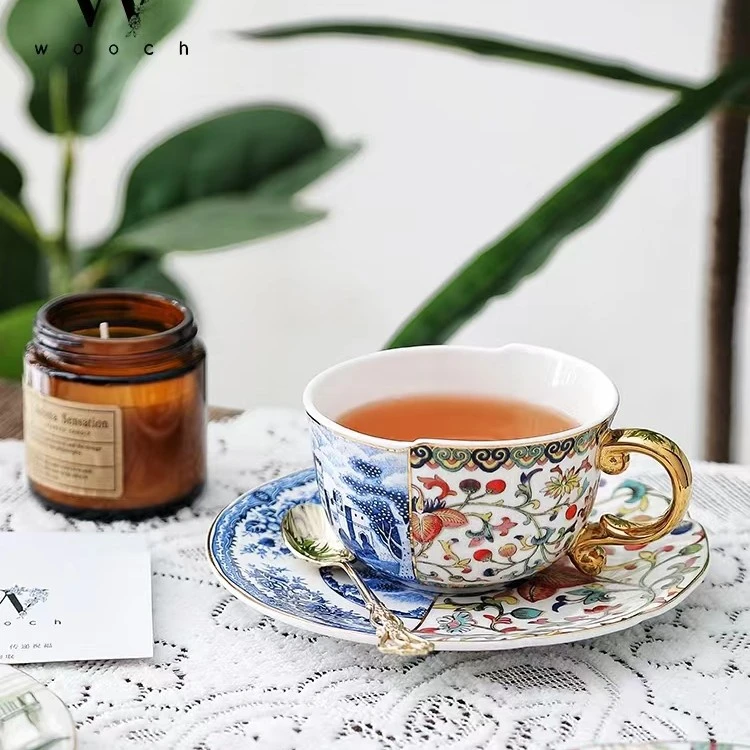 复古轻奢描金把中西合璧撞色咖啡杯陶瓷杯碟家用精致高档情侣对杯