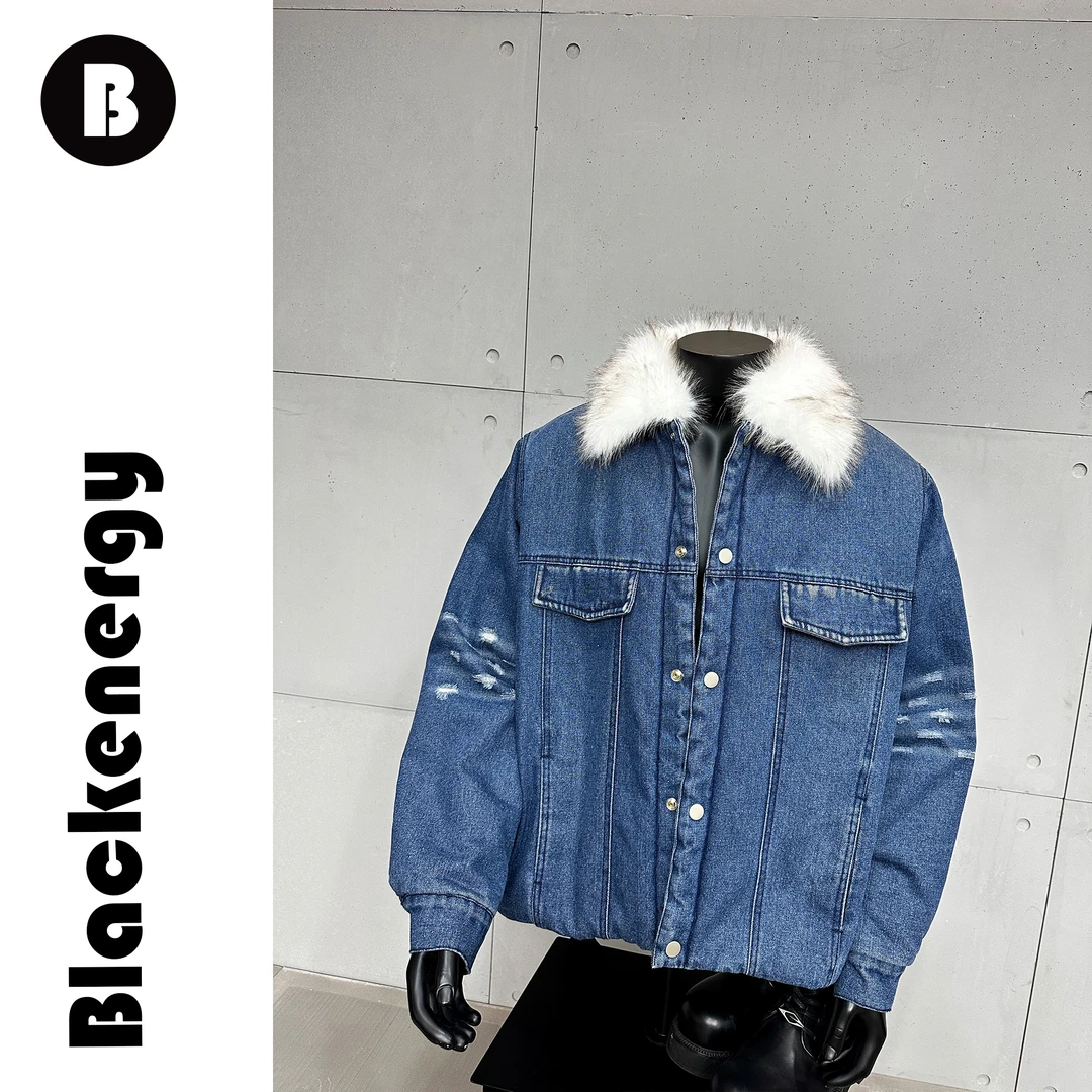 男士冬季美式重磅宽松做旧百搭加厚毛领棉衣外套潮流水洗牛仔棉服