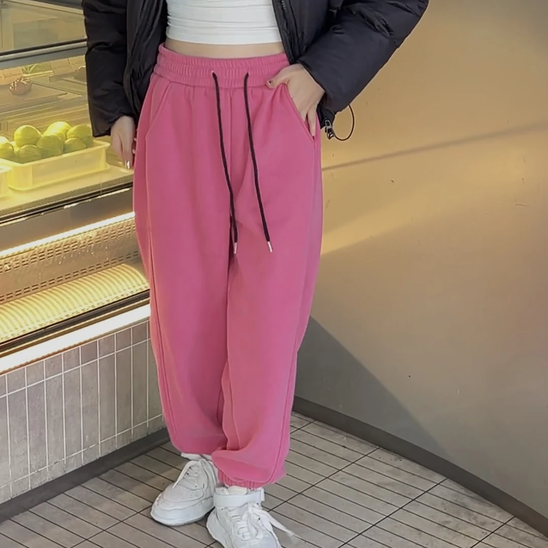 加长版加绒加厚切跨裤高腰显瘦束脚裤女冬季女卫裤宽松长裤