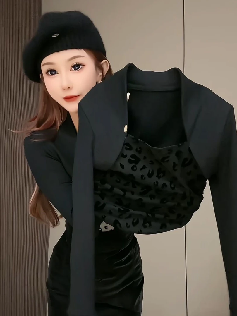 欧货时尚豹纹小衫女2024秋冬新款设计感假俩件打底衫修身百搭上衣