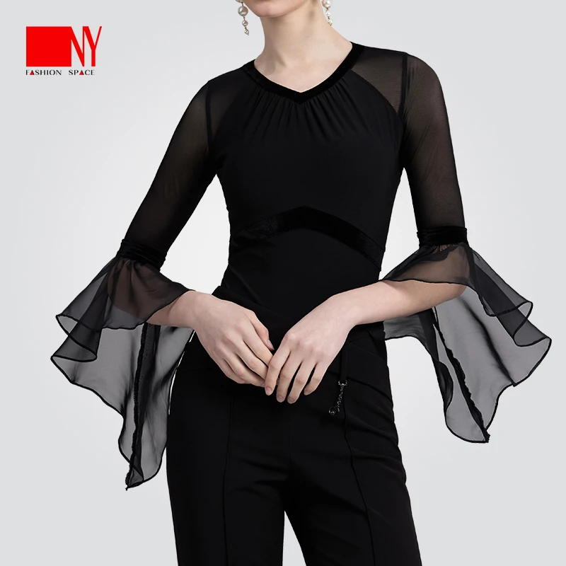 NY23238S纳艺丝绒水晶麻挂脖上衣女士摩登舞练习服国标舞训练服