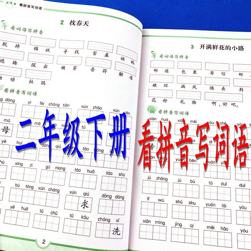 二年级下册看拼音写词语生字注音练习册语文课本同步专项一课一练