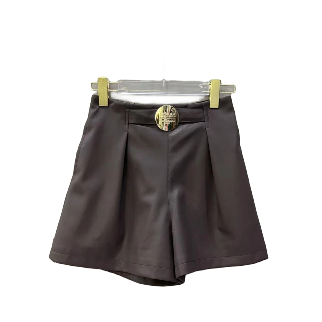 简约洋气显瘦气质时尚百搭大圆扣装饰中高腰阔腿女士皮短裤ML987