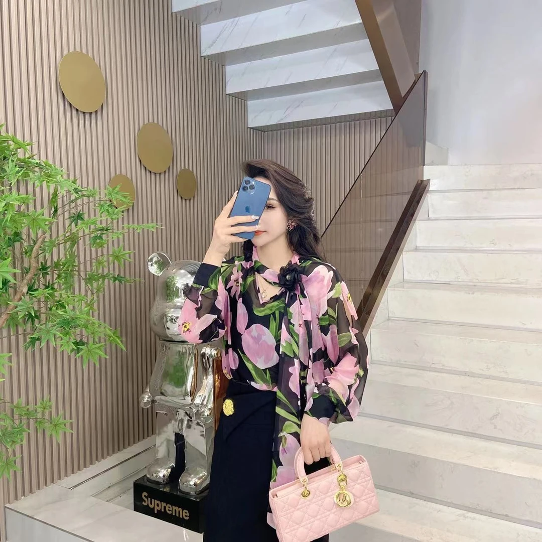 芳子设计师原创时尚气质提花显瘦长款长袖衬衫上衣ML65698