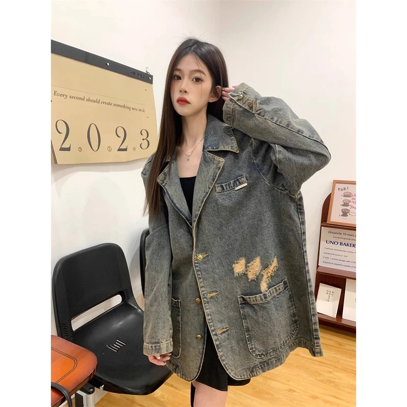 外套女春季慵懒风复古宽松百搭做旧水洗破洞西装领牛仔长袖夹克潮
