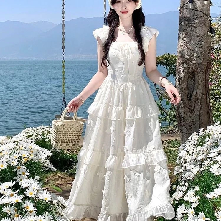 2024年温柔百搭白月光甜美法式温柔风立体蝴蝶连衣裙夏季超仙女裙