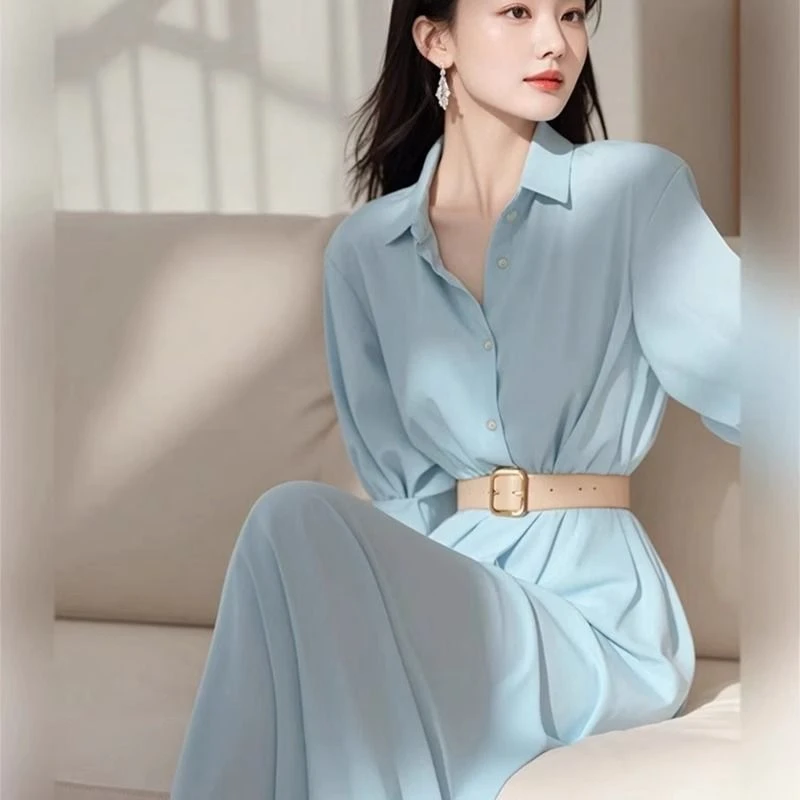 点点2024早秋新款韩版小众设计收腰显瘦气质绝美蓝色衬衫连衣裙女