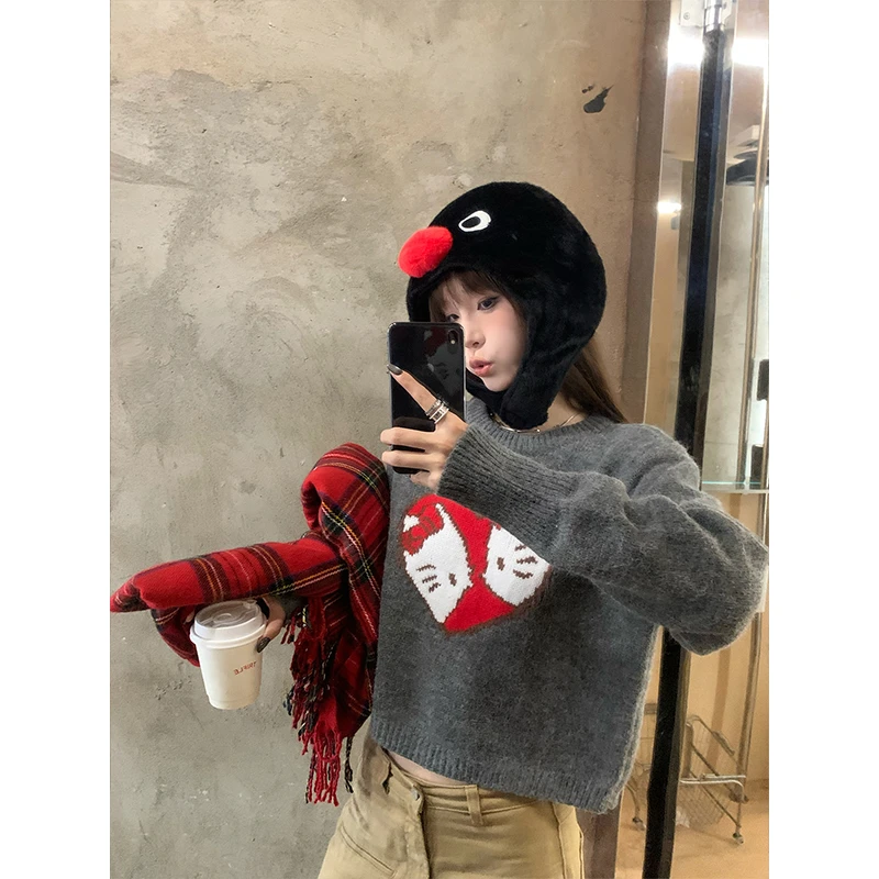 D YANGJUN 【毛衣】爱心猫咪灰色圆领短款针织衫