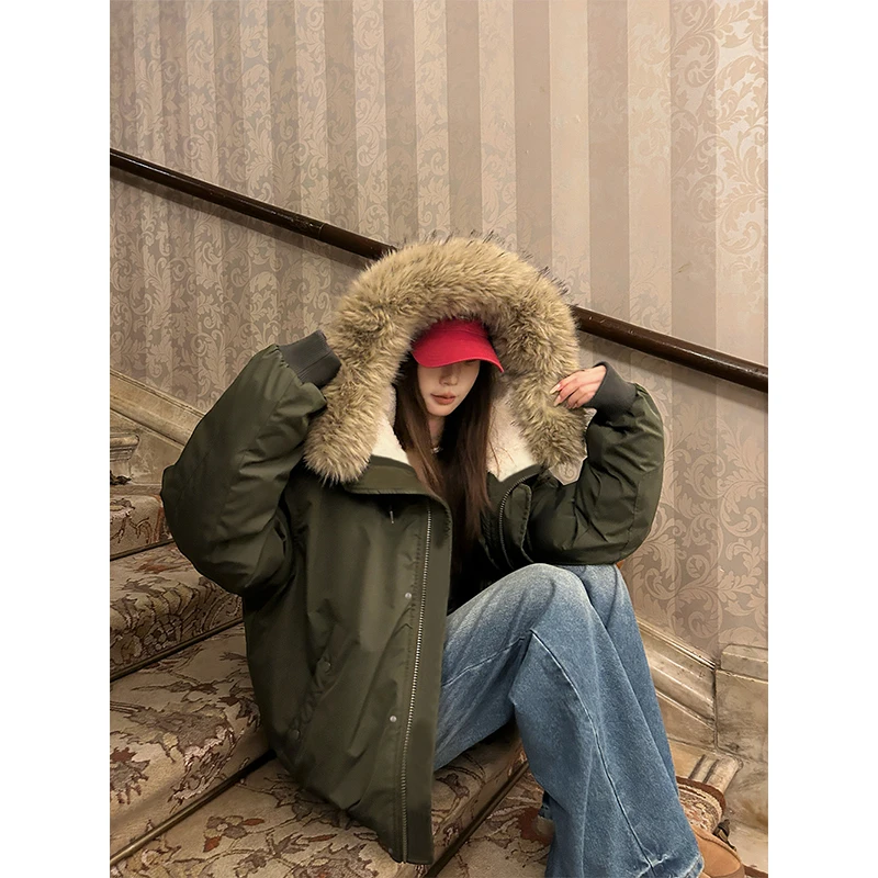 D YANGJUN 冬季大毛领软糯保暖连帽派克服棉服女宽松超好看棉衣