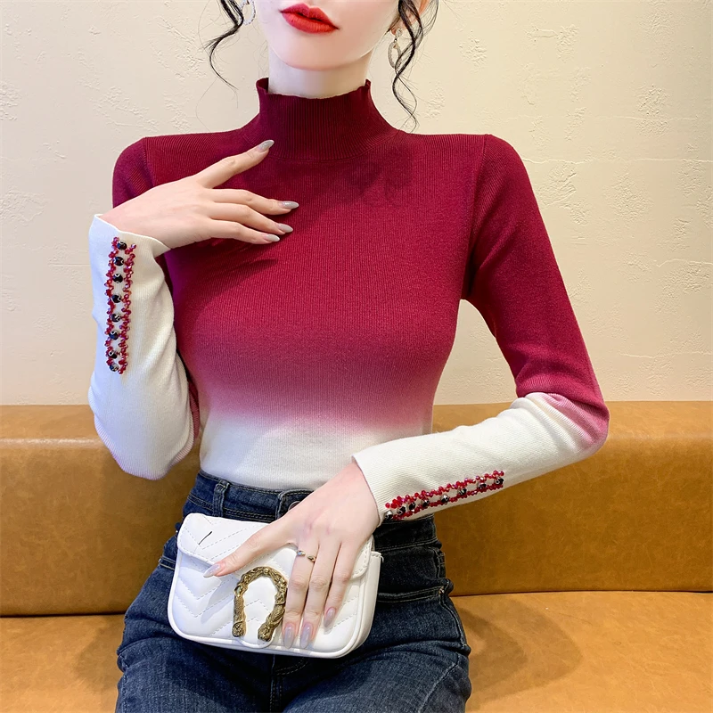 实拍重工钉钻渐变色毛针织衫女2024秋冬新款修身高领打底衫上衣