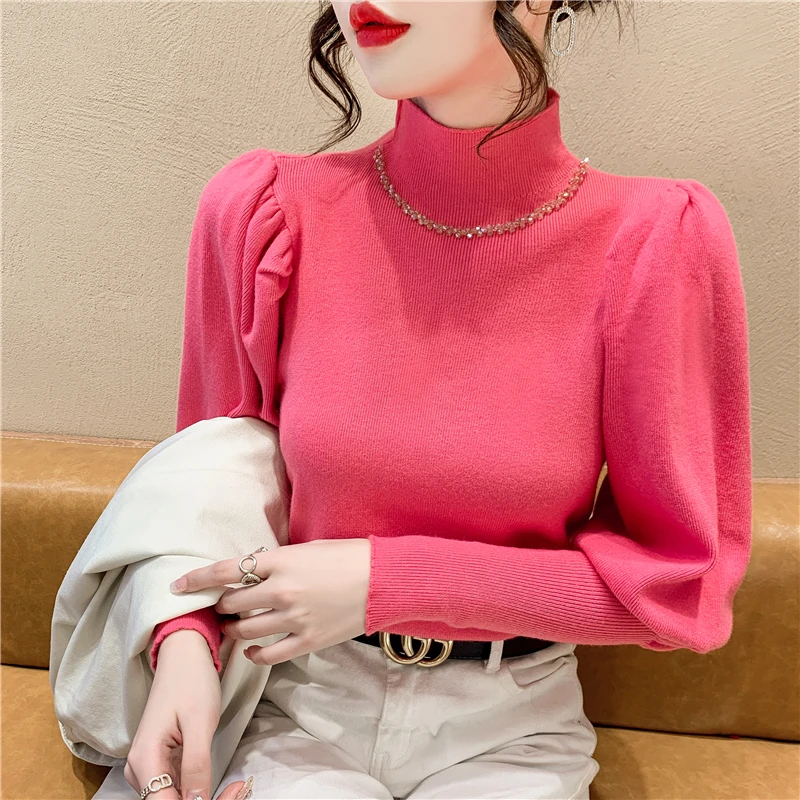 实拍 实拍 法式复古半高领钉钻打底针织衫女内搭新款灯笼袖毛衣