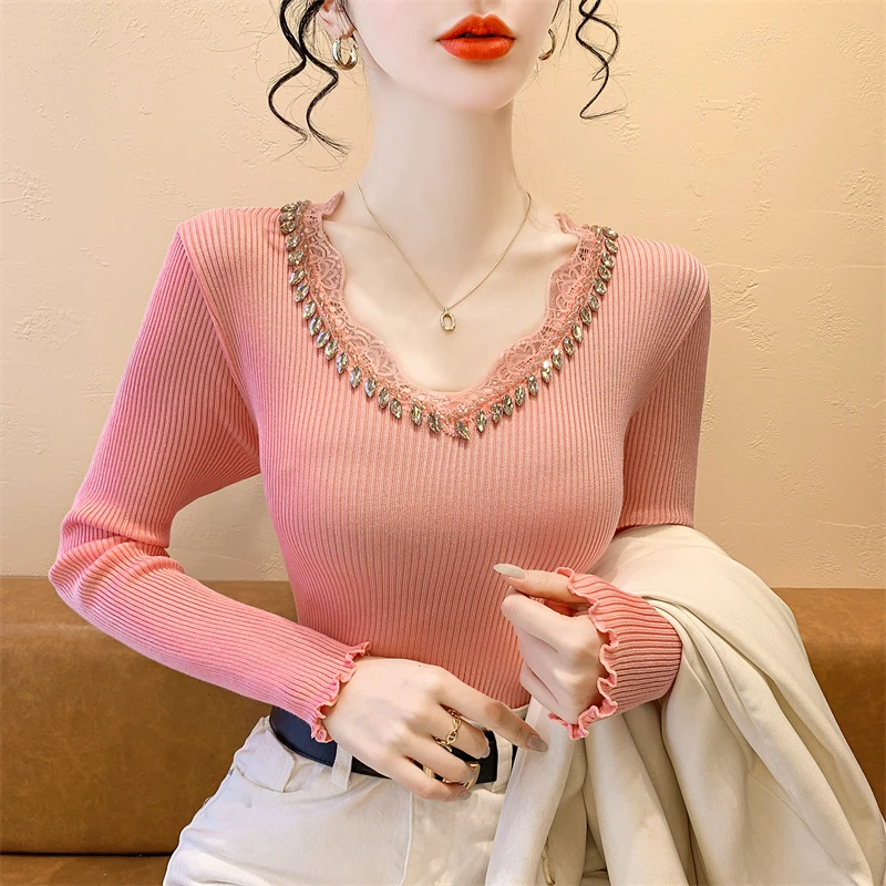 实拍 新款爆款上档次蕾丝花边拼接重工钉珠针织毛衣打底衫