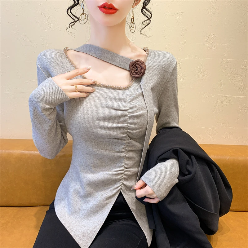 实拍 秋冬新款小香风褶皱挂脖订珠领修身针织衫显瘦气质毛衣打底