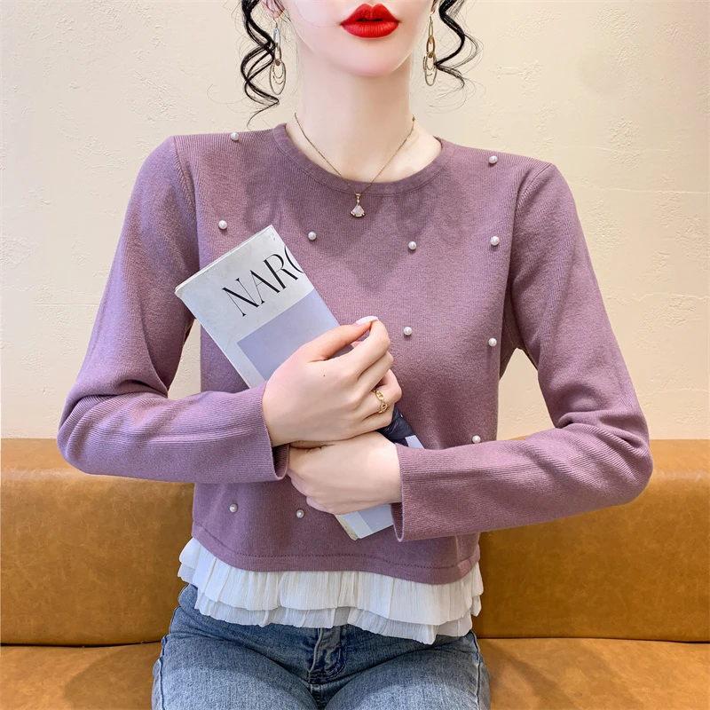 实拍假两件套拼接订珠秋冬新款气质套头针织衫毛衣打底衫上衣短款