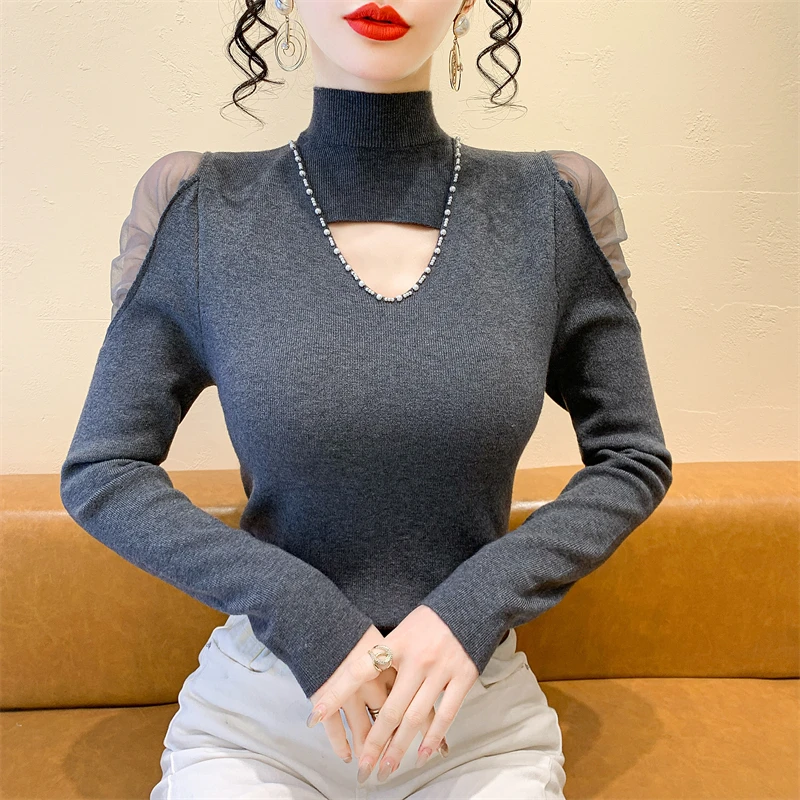 实拍性感镂空钉珠半高领毛衣女秋冬季修身时尚网纱拼接长袖针织衫
