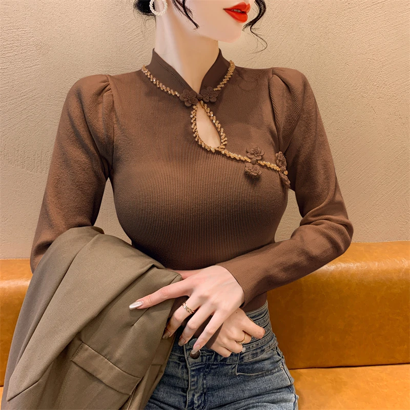 实拍新中式复古国风盘扣毛衣女秋冬款高级感别致袖针织打底衫上衣