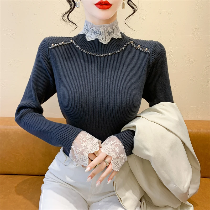 实拍秋冬气质小香风蕾丝订珠领拼接半高领别致绝美新款针织衫毛衣