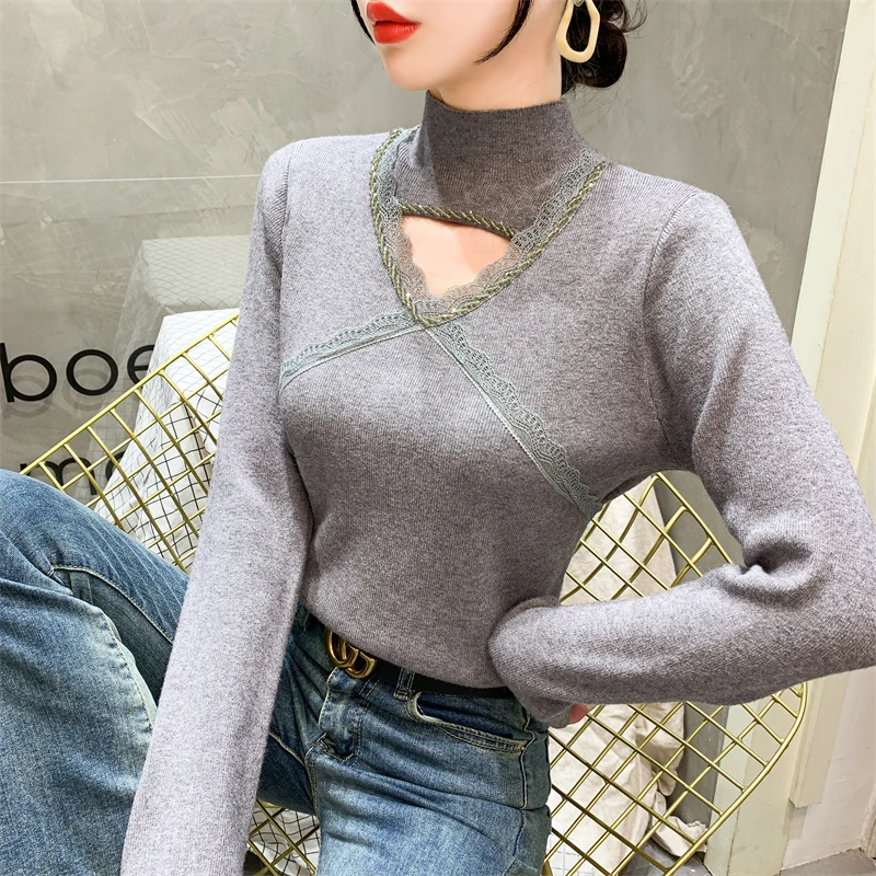 实拍2023秋冬新款钉钻半高领镂空蕾丝花边软糯针织打底衫内搭毛衣