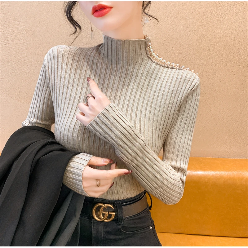 实拍2023秋季女士半高领针织衫女长袖洋气时尚钉钻打底衫毛衣上衣
