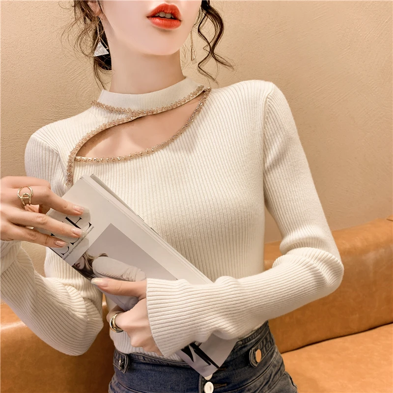 实拍 新款韩版时髦气质小性感重工钉钻缕空针织衫女上衣潮加绒