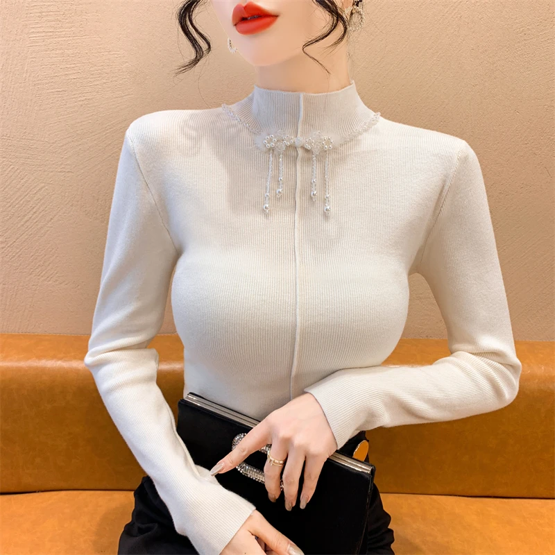 实拍新款重工针钻半高领针织衫女长袖洋气时尚软糯打底衫毛衣上衣