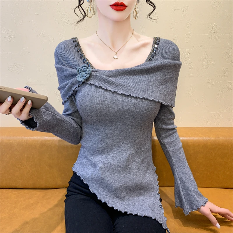 显瘦重工露肩法式内搭木耳边立体花朵针织上衣修身洋气毛衣打底衫
