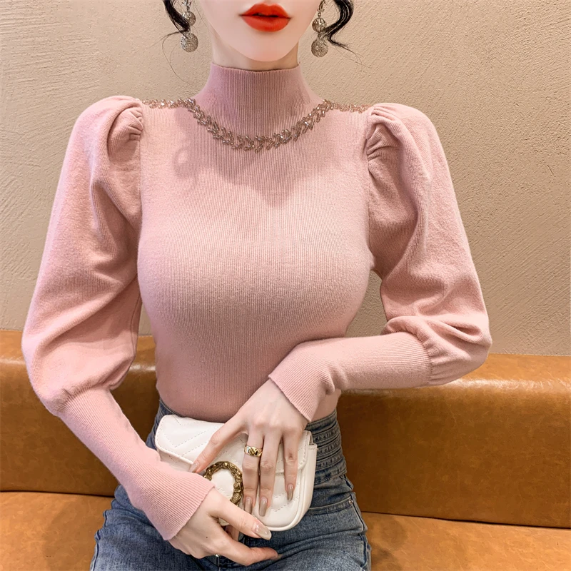 新款爆款上档次时尚修身法式复古半高领钉钻打底针织衫女