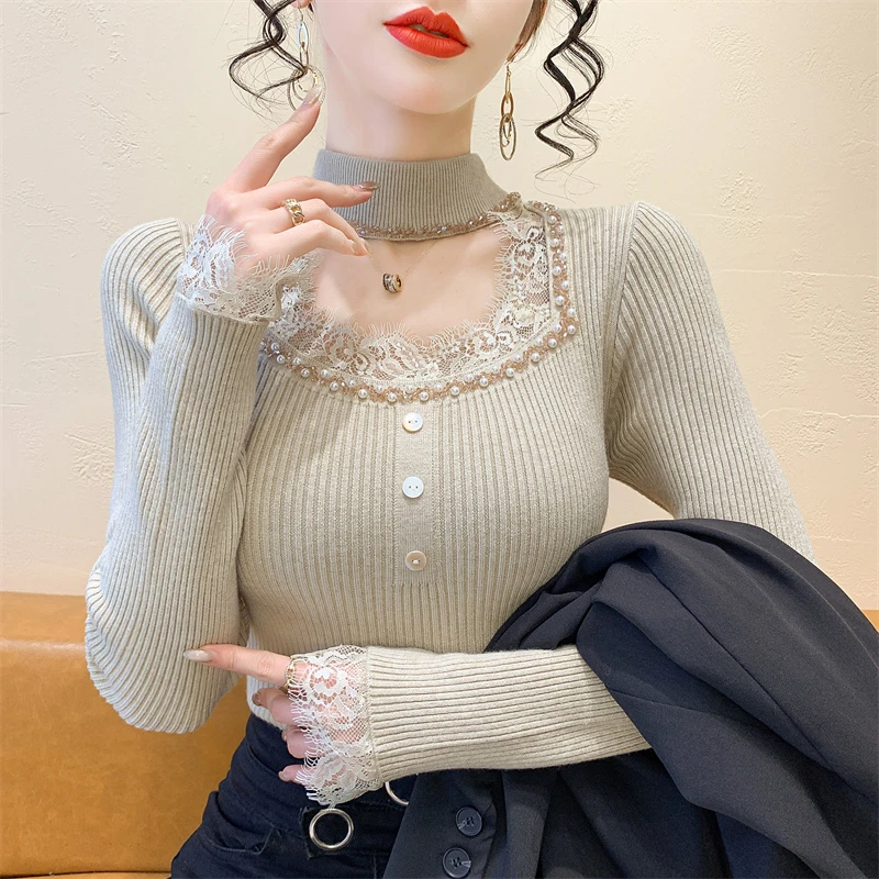 实拍 2024秋冬新款蕾丝拼接百搭挂脖重工毛衣洋气打底衫V领针织衫