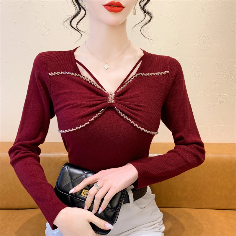 实 拍 气质蝴蝶结法式秋冬新款订珠设计淑女修身显瘦针织衫毛衣
