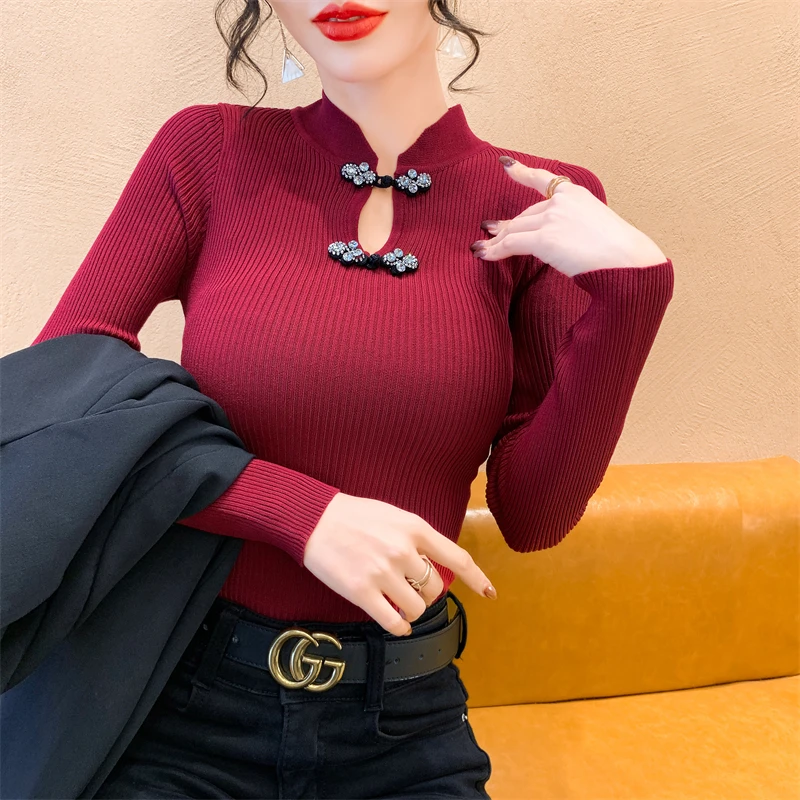 2023秋冬新款国风重工盘扣时尚打底衫长袖毛衣修身上衣长袖针织衫