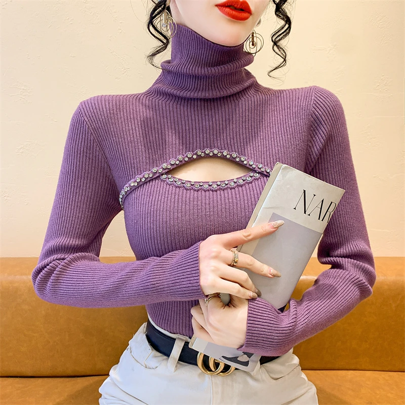 实拍 2024新款修身重工镂空钉钻高领打底衫气长袖针织上衣 毛衣