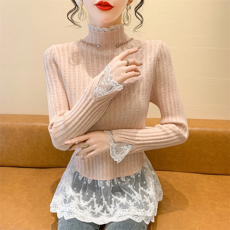红人上新半高领韩系蕾丝拼接针织衫打底衫订珠小香风内搭修身毛衣