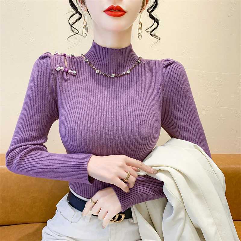 实拍上衣秋冬新款钉钻镂空针织衫盘扣半高领冬季加绒打底衫毛衣女