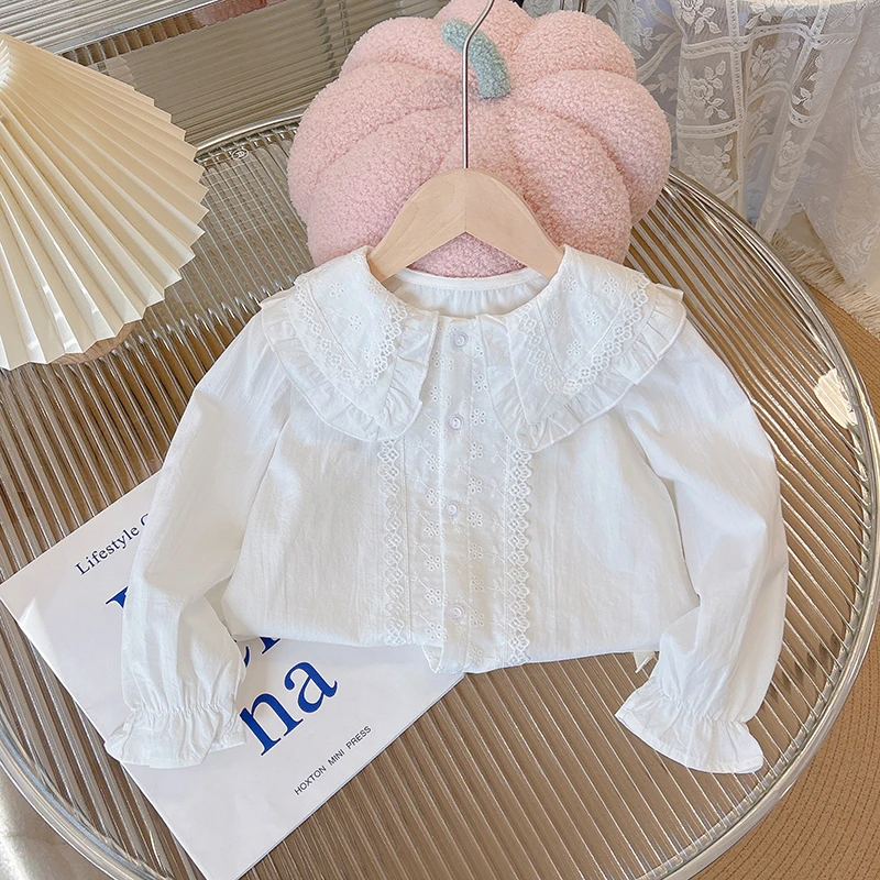 时尚春秋新款女童衬衫衬衣女孩娃娃领娃娃衫长袖蕾丝欧若风童装