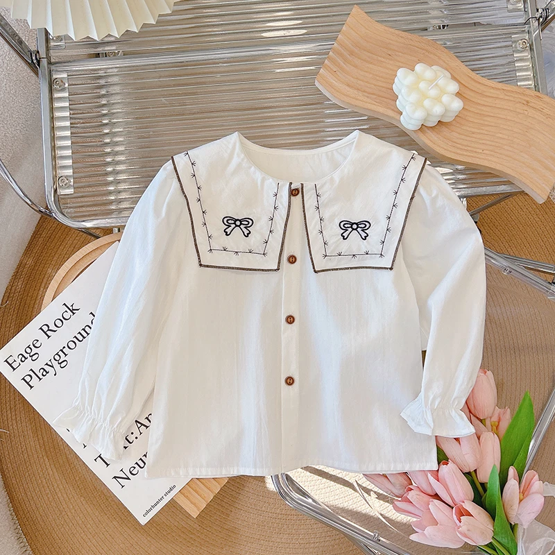 时尚新款纯棉女童衬衫衬衣娃娃领翻领上衣蝴蝶结长袖女欧若风童装