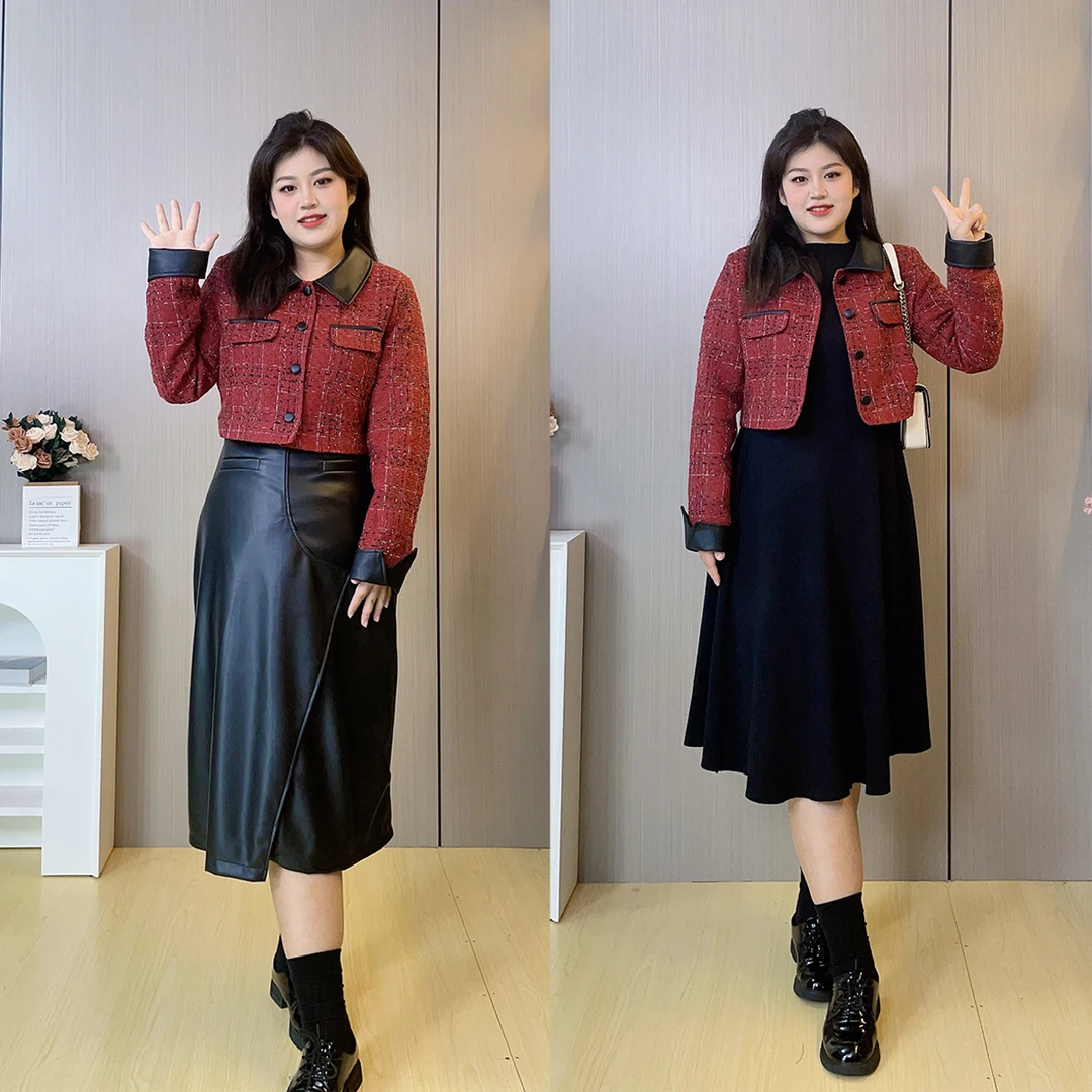 帆黎大码女装小香风连衣裙外套装FL033 酒红色小众设计高级感显瘦