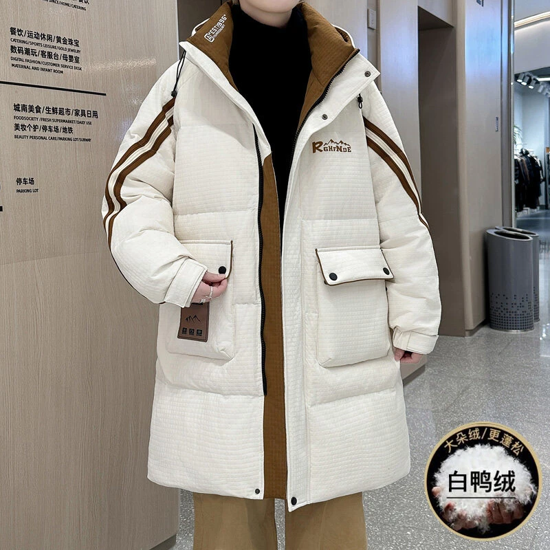 2024冬季新款撞色白鸭绒羽绒服男青少年学生字母印花长款外套