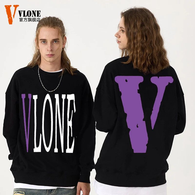 VLONE新款潮流卫衣时尚紫V长袖T恤内搭潮牌美式印花无帽圆领