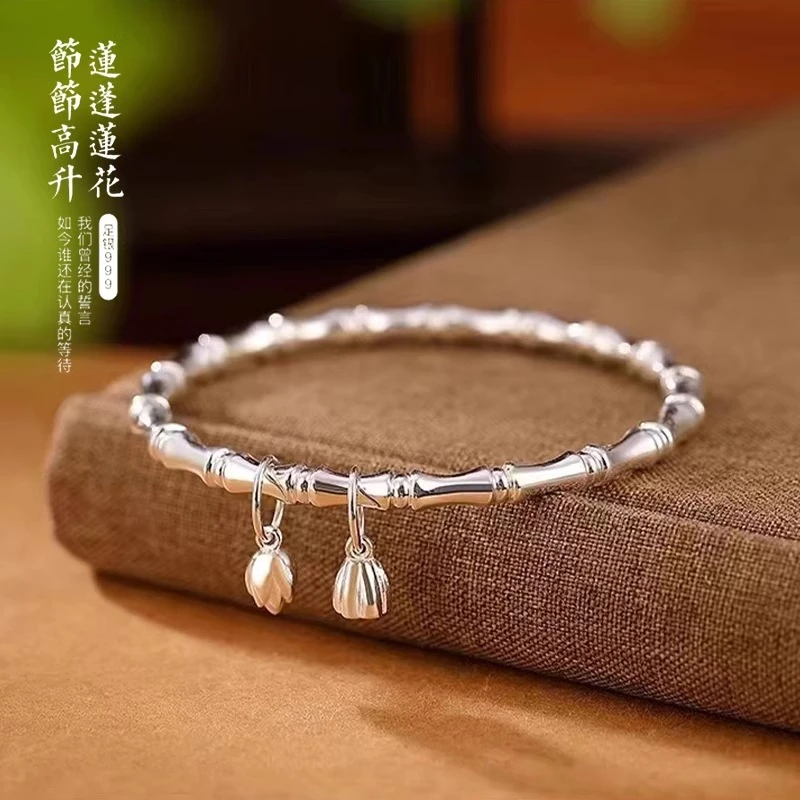 足银手镯 竹节999纯银手镯女实心闭口亮面两世欢年轻款手环送女友