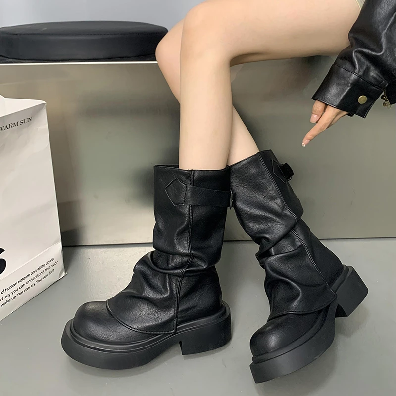 美拉德棕色马丁靴女2024夏新款百搭复古厚底增高堆堆裤管中筒短靴