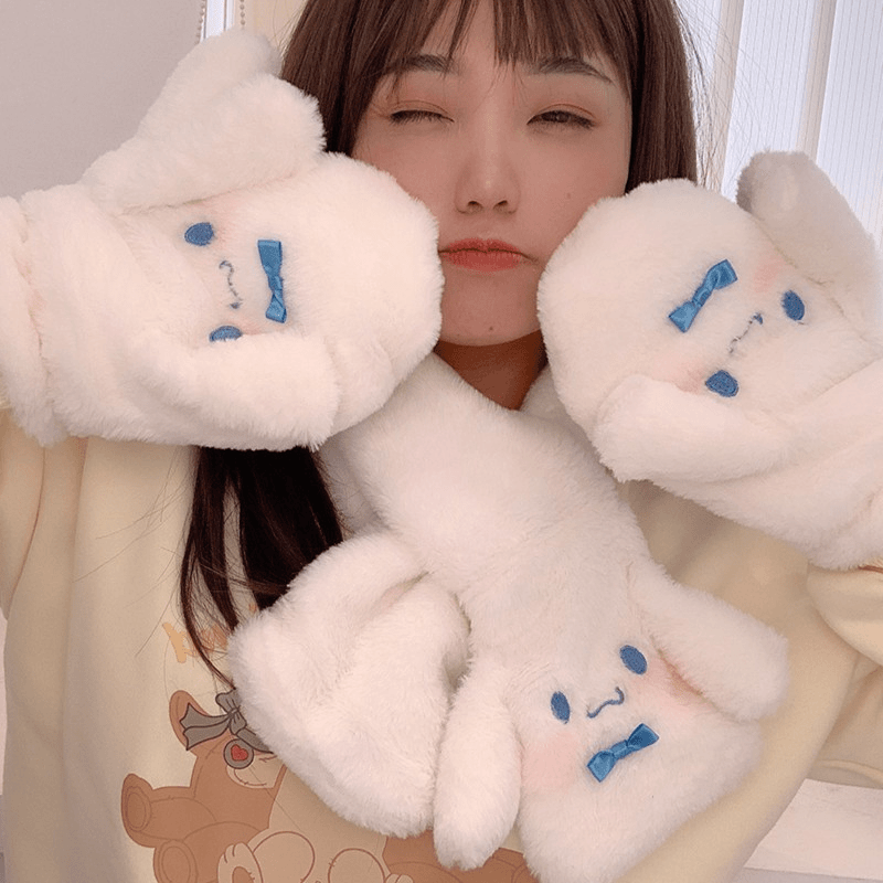 玉桂狗手套围巾冬季保暖韩版女生学生毛茸茸可爱加绒加厚骑车防寒