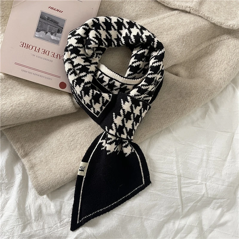 千鸟格小围巾女秋冬季韩版百搭ins潮加厚保暖装饰护颈椎针织围脖