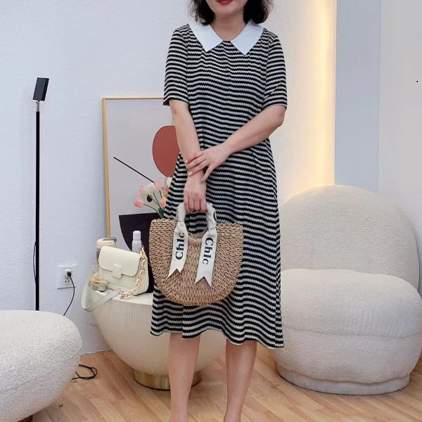夏季薄款法式条纹连衣裙女士气质时尚显瘦大码裙子