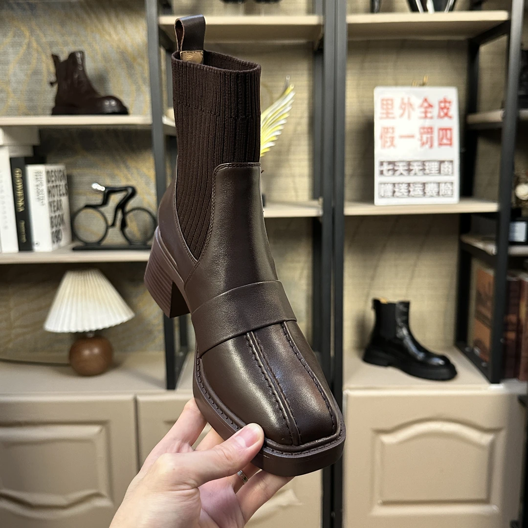 秋冬季新款跟高6cm/粗跟气质切尔西靴高跟百搭方头短靴女