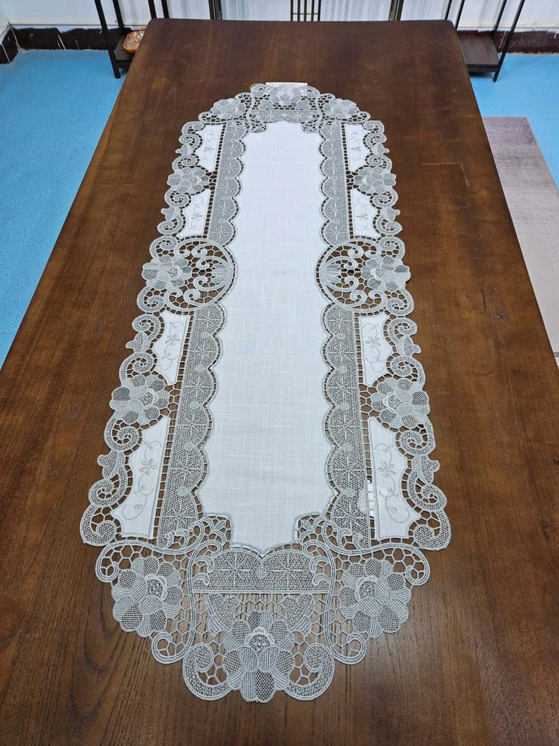 1718-45*110cm桌旗亚麻刺绣白色灰色水溶镂空欧式法式防手工