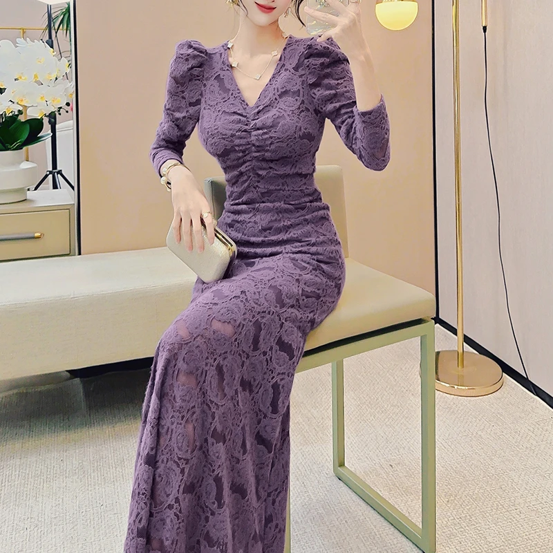 【清】收腰显瘦鱼尾裙轻奢气质蕾丝连衣裙开叉连衣裙S-XL