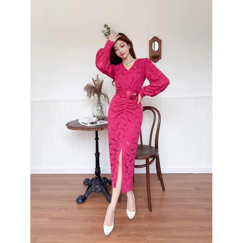 【清】冬加绒蕾丝连衣裙开叉连衣裙长袖新款V领收腰中长款m~2xl