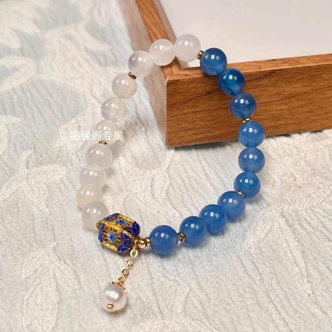 【钰朱阁】天然蓝白玛瑙单圈设计款手串J6233