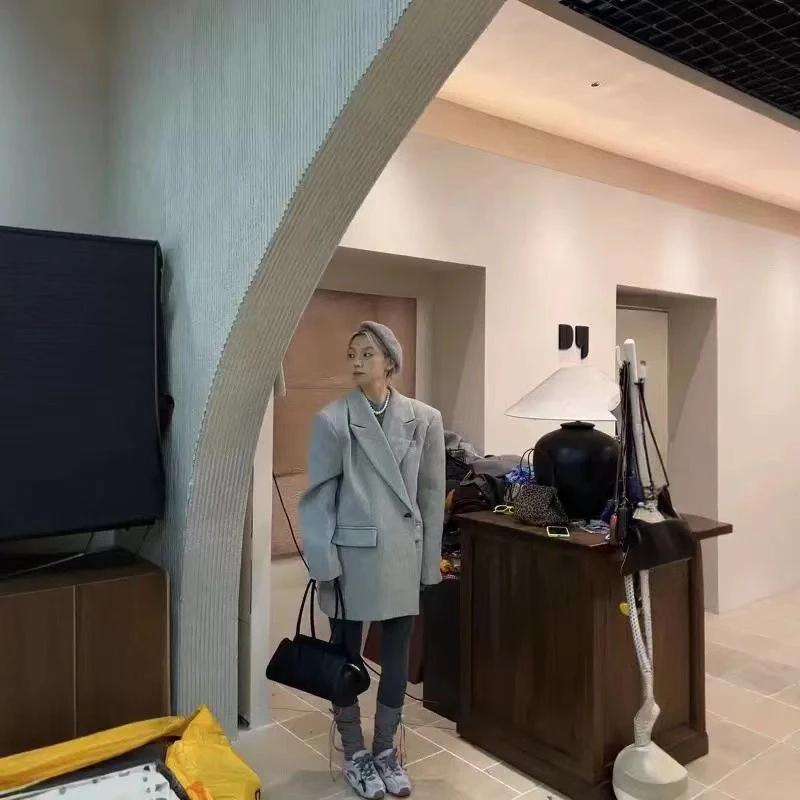 秋冬季新款韩版高级感气质宽松垫肩毛呢时尚西装外套女休闲西服潮