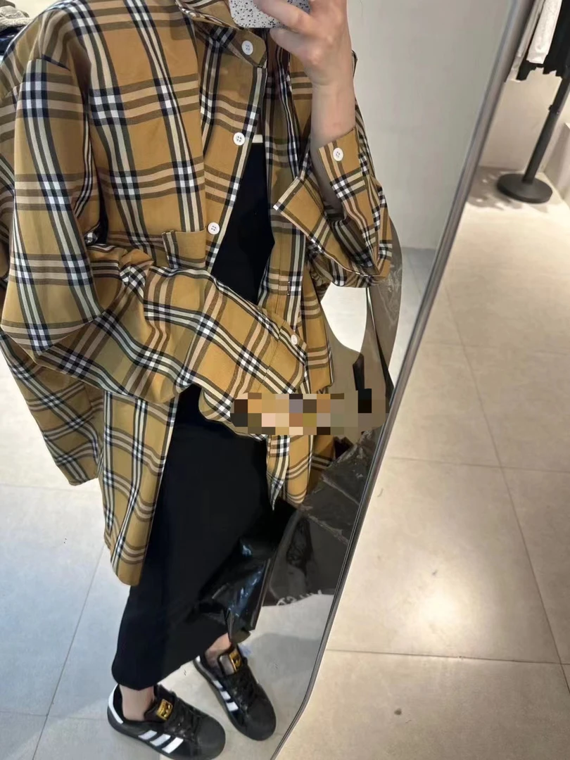 2025经典韩版宽松百搭垫肩格子短款衬衫